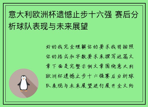 意大利欧洲杯遗憾止步十六强 赛后分析球队表现与未来展望